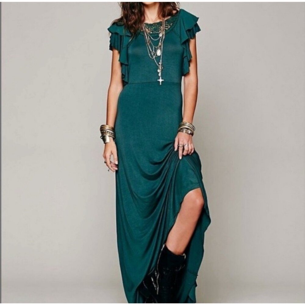 Free People Green Film Noir Ruffle Lace Maxi Dress Women’s S Read